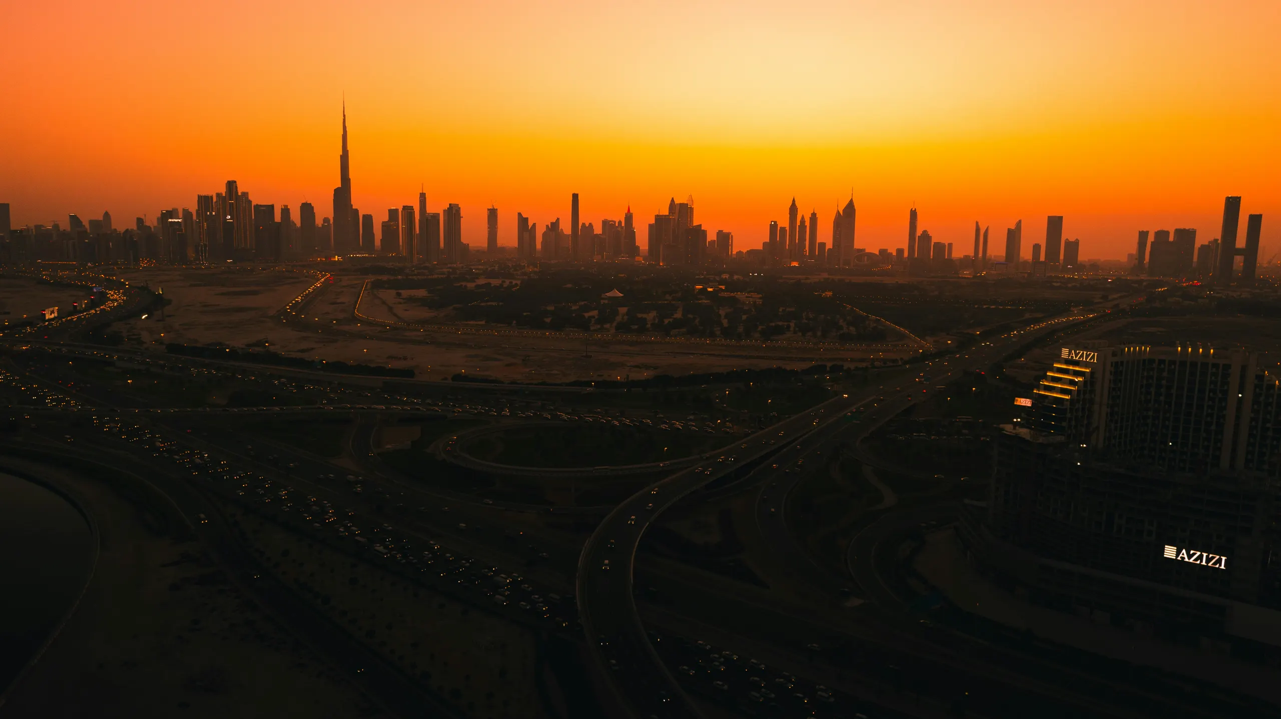 Aerial view of Dubai at sunset