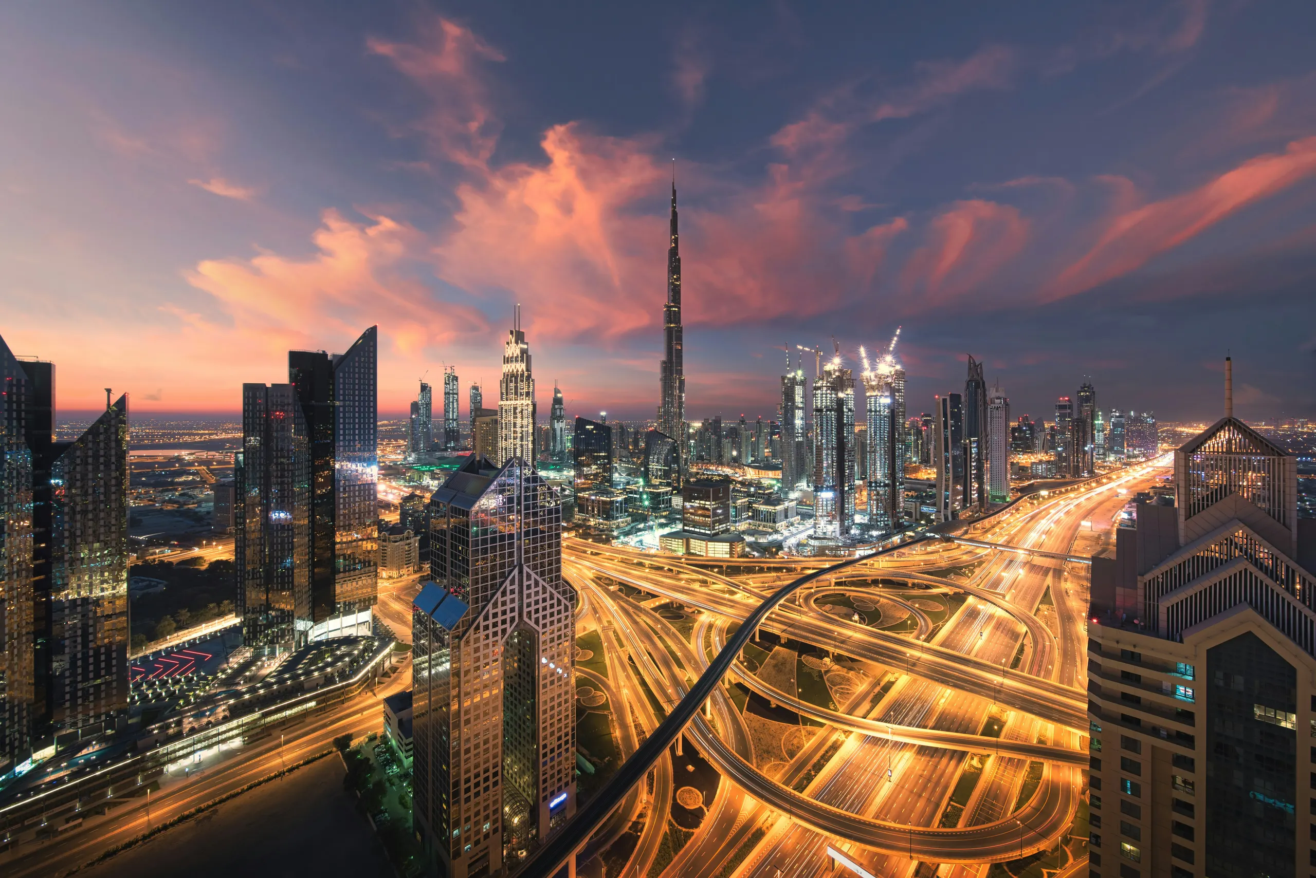 Dubai at night seen from a skyscraper
