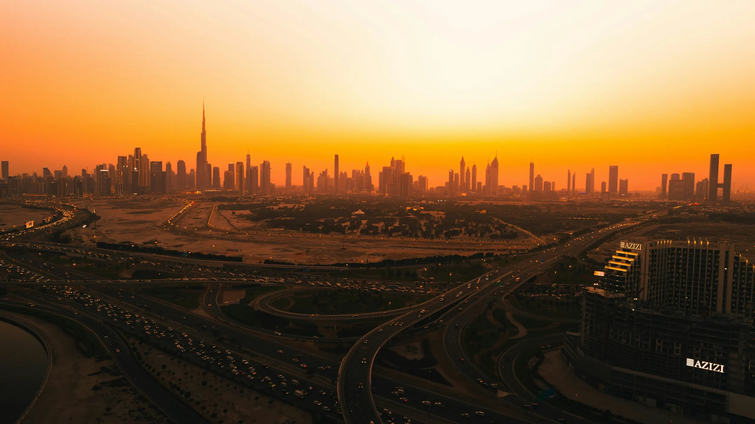 Aerial view of Dubai at sunset