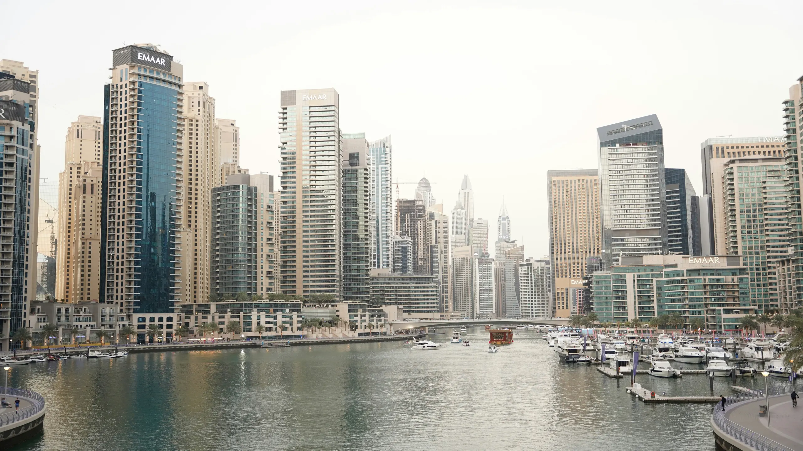 Dubai Marina towers with yachts